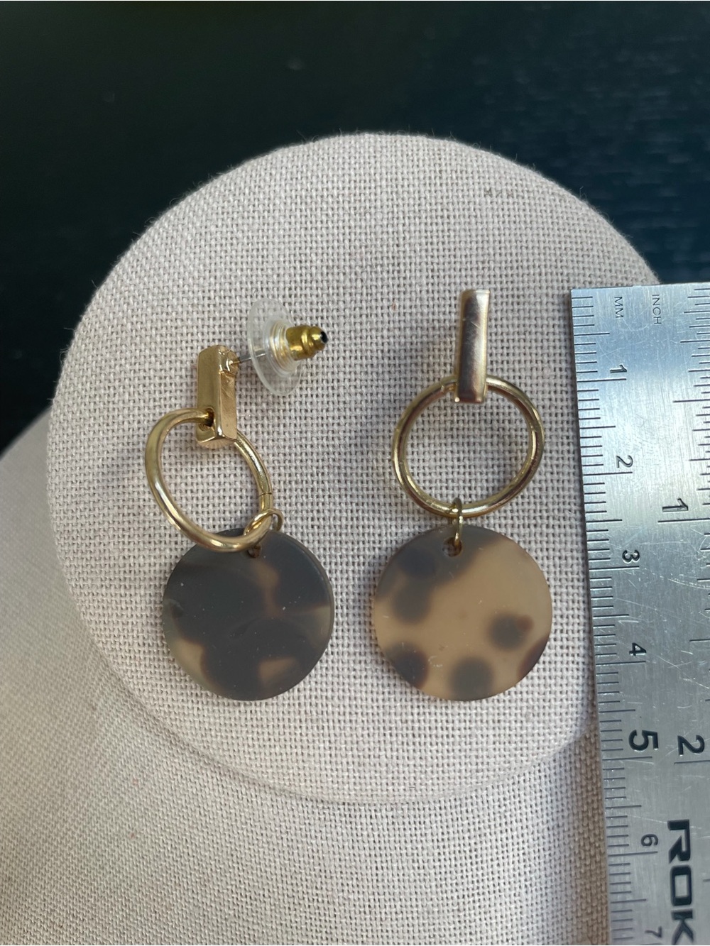 Gold Tone Tortoiseshell Disc Drop Earrings, Geometric Hoop